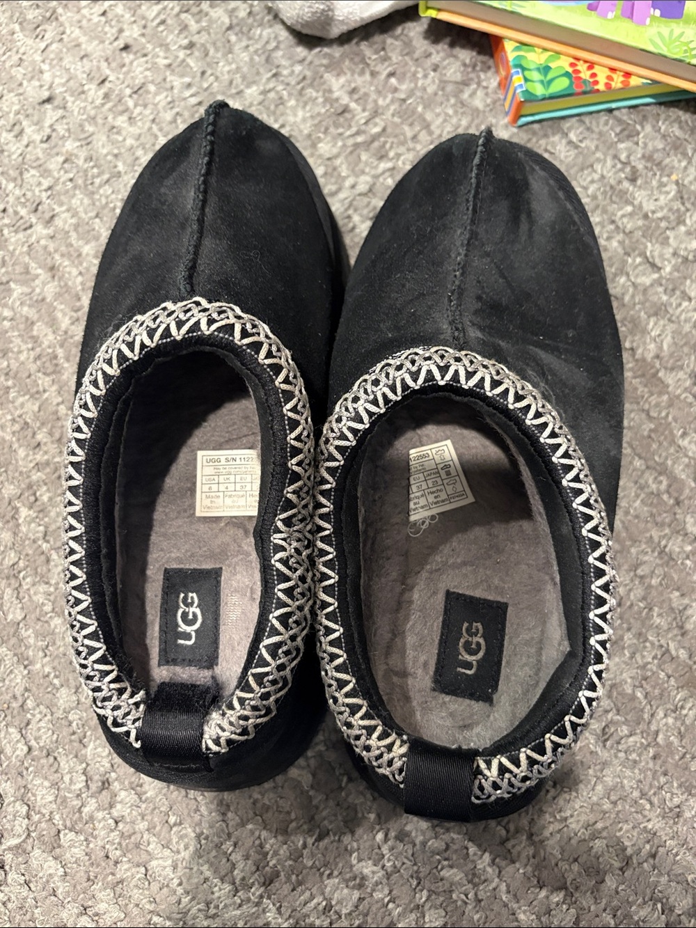 UGG Black Suede Slip-On Slippers with White Contrast Stitching